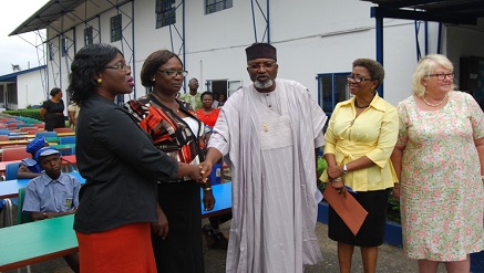 (L-r): HOD, Education, Lagos Mainland, Mrs. Folashade Sanni; Ass. Head Teacher, Ijero Baptist Primary School; Chairman, Board of Management, St. Saviour’s School, Mr. Tom Ogboi; Legal Adviser to Board of Management, St. Saviour’s School, Dame Nneka Mba and Head Teacher, St. Saviour’s School Ebute Metta, Mrs. Ailsa Griffiths, during the donation of educational facilities by St. Saviour to Lagos State public school.